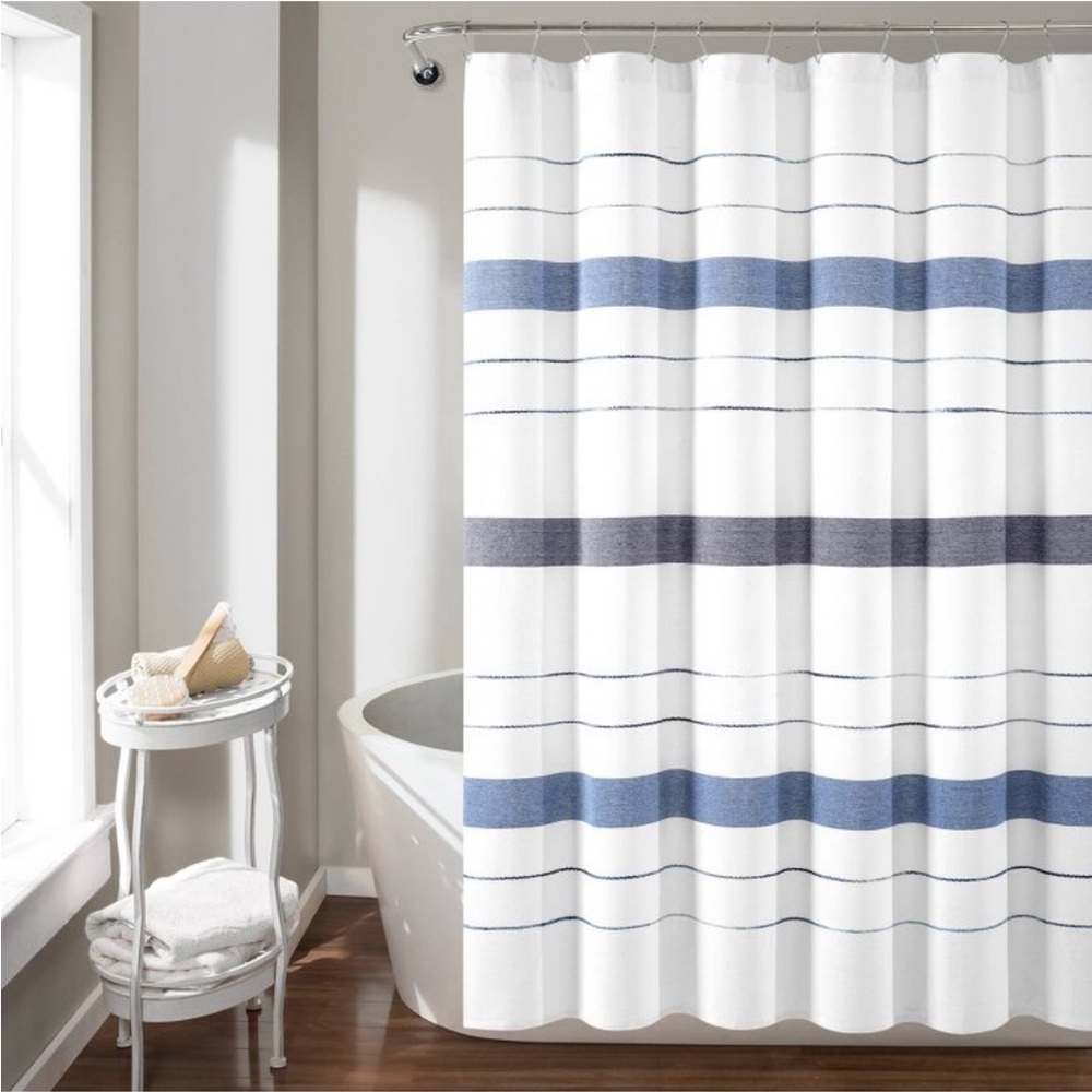 LUSH DECOR NWT chic stripe yarn dyed eco friendly recycled cotton shower curtain